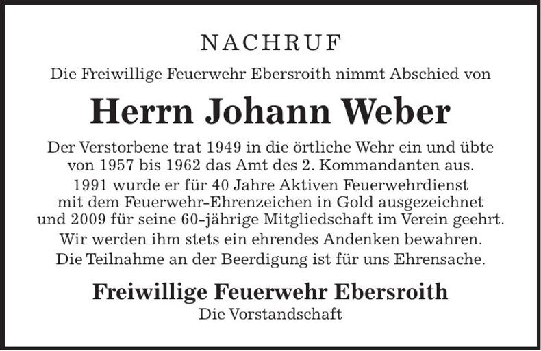 Traueranzeige Johann Weber