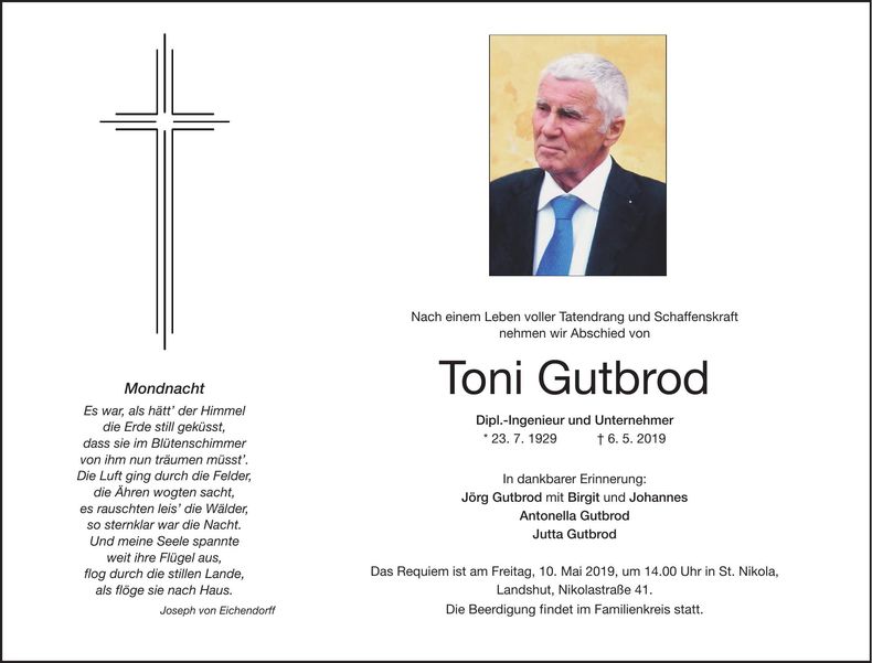 Traueranzeige Toni Gutbrod