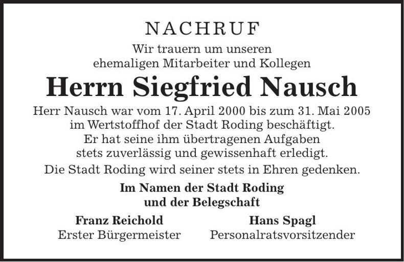 Traueranzeige Siegfried Nausch