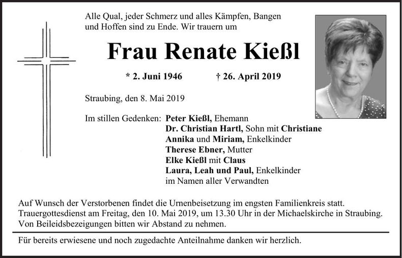 Traueranzeige Renate Kießl