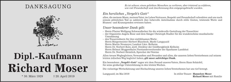 Traueranzeige Richard Moser