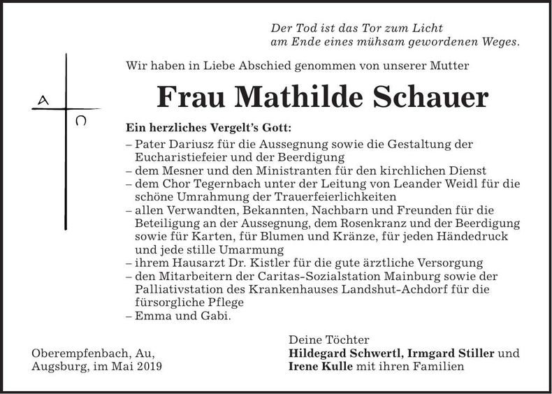 Traueranzeige Mathilde Schauer