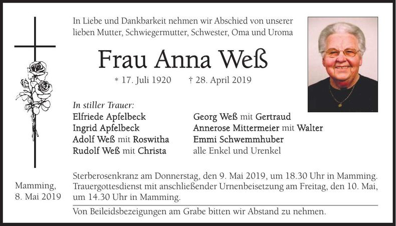 Traueranzeige Anna Weß