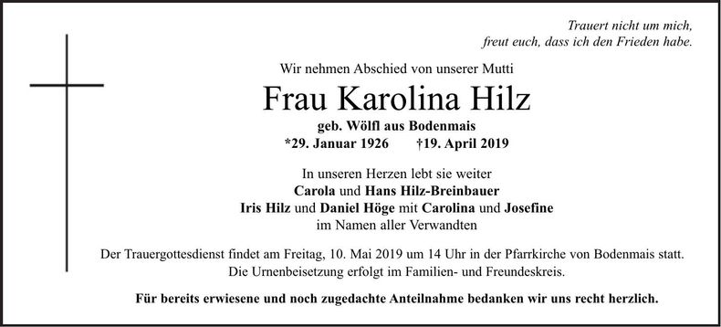 Traueranzeige Karolina Hilz