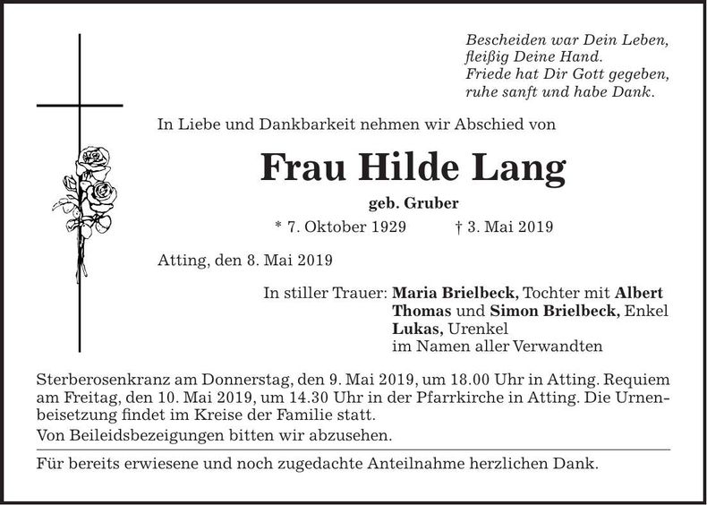 Traueranzeige Hildegard Lang