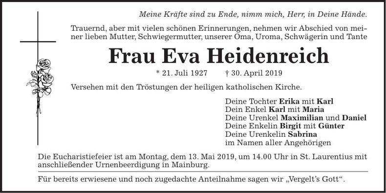 Traueranzeige Eva Heidenreich