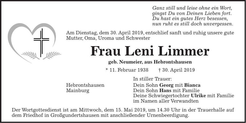 Traueranzeige Leni Limmer