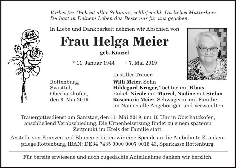 Traueranzeige Helga Meier