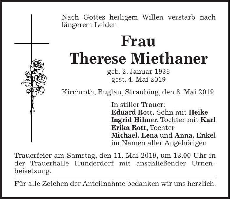 Traueranzeige Therese Miethaner