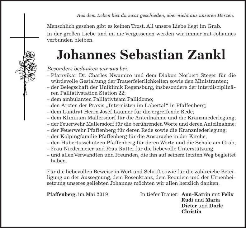 Traueranzeige Johannes Sebastian Zankl