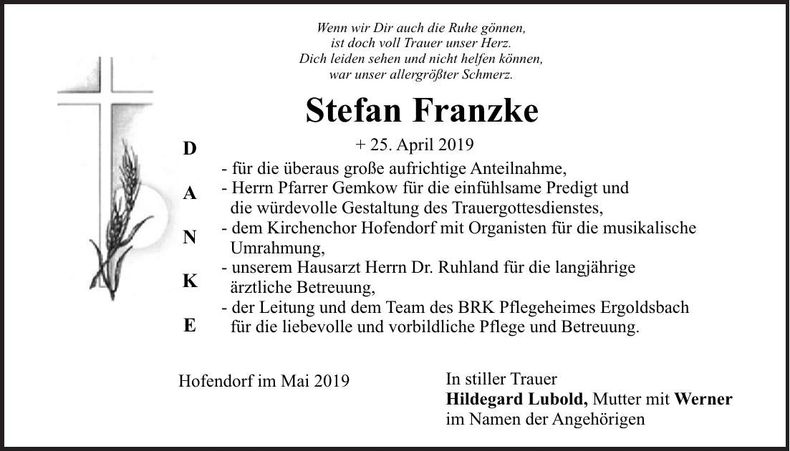 Traueranzeige Stefan Franzke