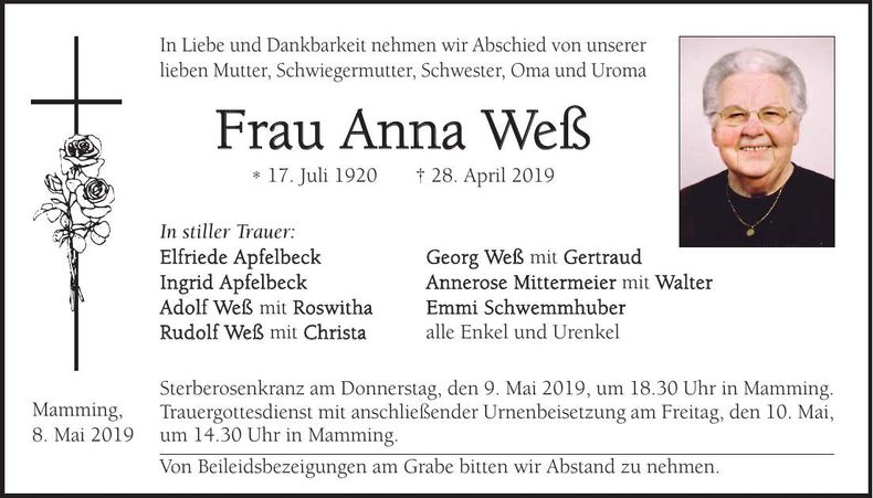 Traueranzeige Anna Weß