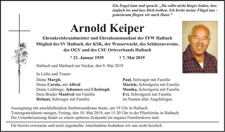 Traueranzeige Arnold Keiper
