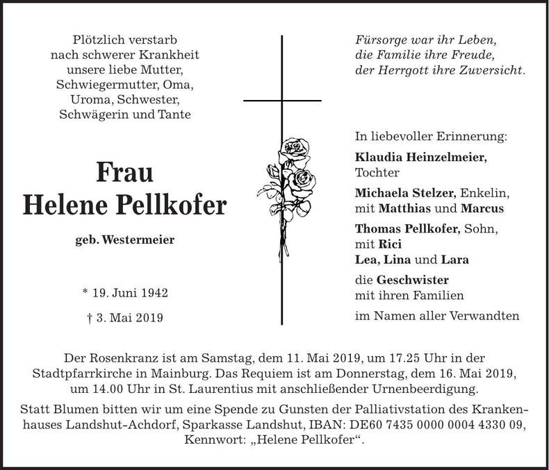 Traueranzeige Helene Pellkofer
