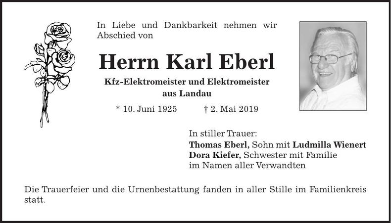 Traueranzeige Karl Eberl