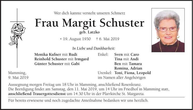Traueranzeige Margit Schuster