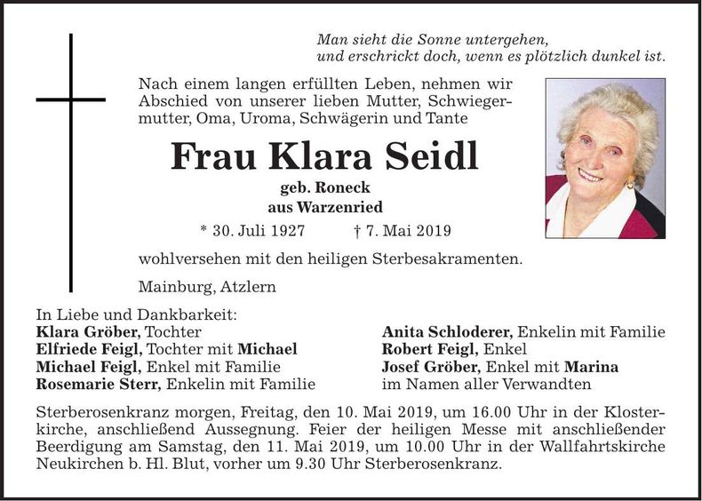 Traueranzeige Klara Seidl
