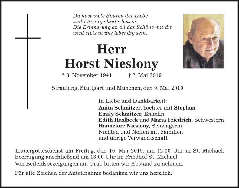 Traueranzeige Horst Nislony