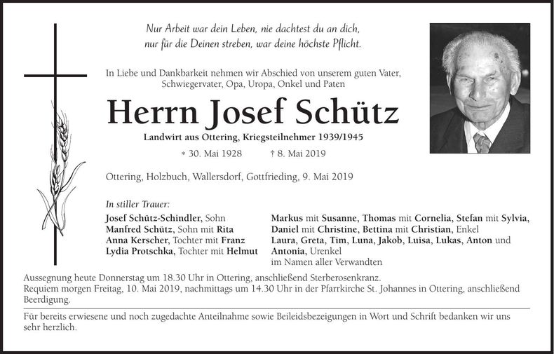 Traueranzeige Josef Schütz