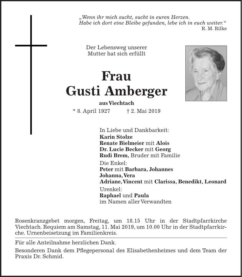Traueranzeige Gusti Amberger