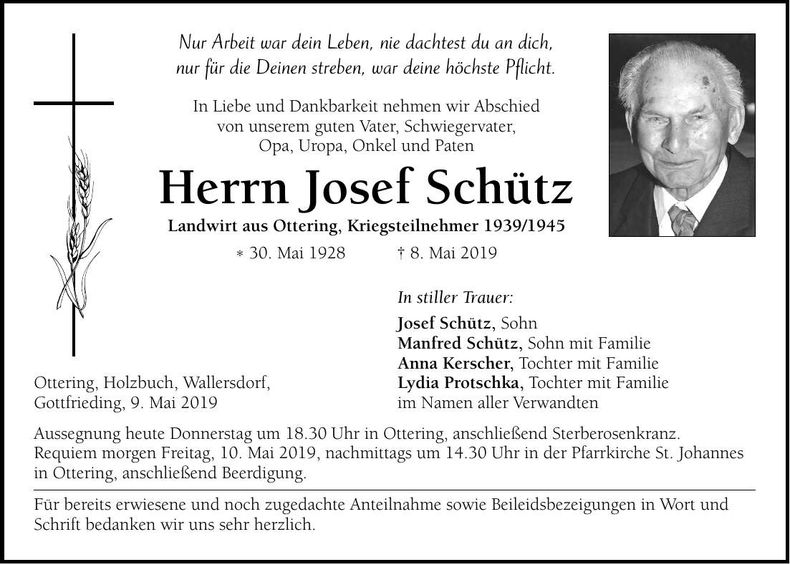 Traueranzeige Josef Schütz