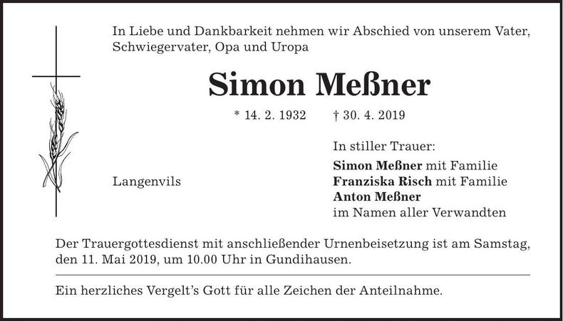 Traueranzeige Simon Meßner