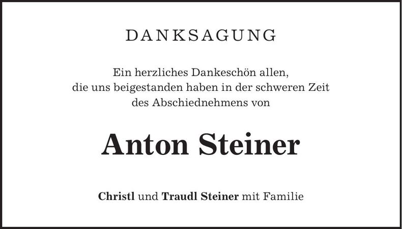 Traueranzeige Anton Steiner