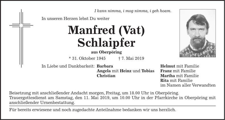 Traueranzeige Manfred Schlaipfer
