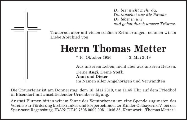 Traueranzeige Thomas Metter