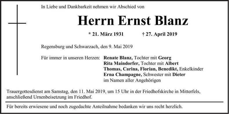 Traueranzeige Ernst Blanz