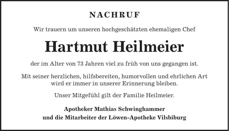 Traueranzeige Hartmut Heilmeier