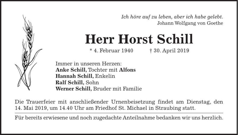 Traueranzeige Horst Schill