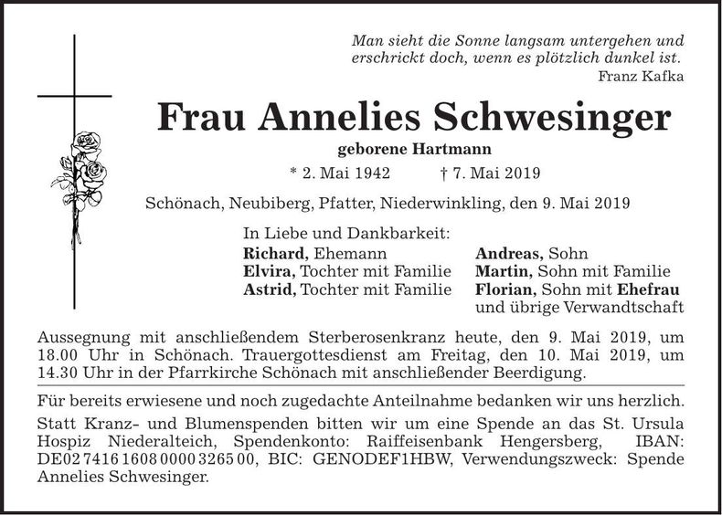 Traueranzeige Annelies Schwesinger