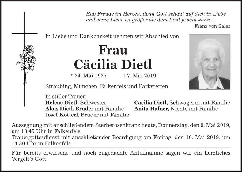Traueranzeige Cäcilia Dietl