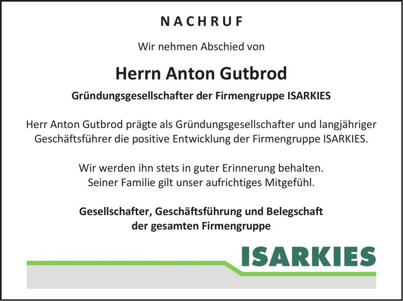 Traueranzeige Anton Gutbrod