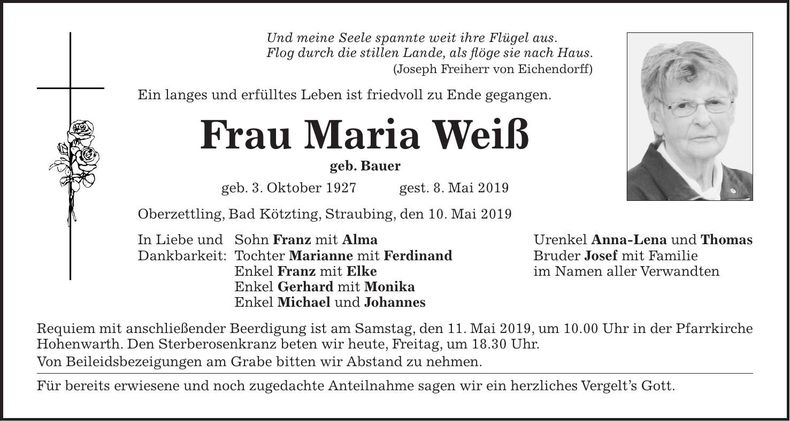 Traueranzeige Maria Weiß