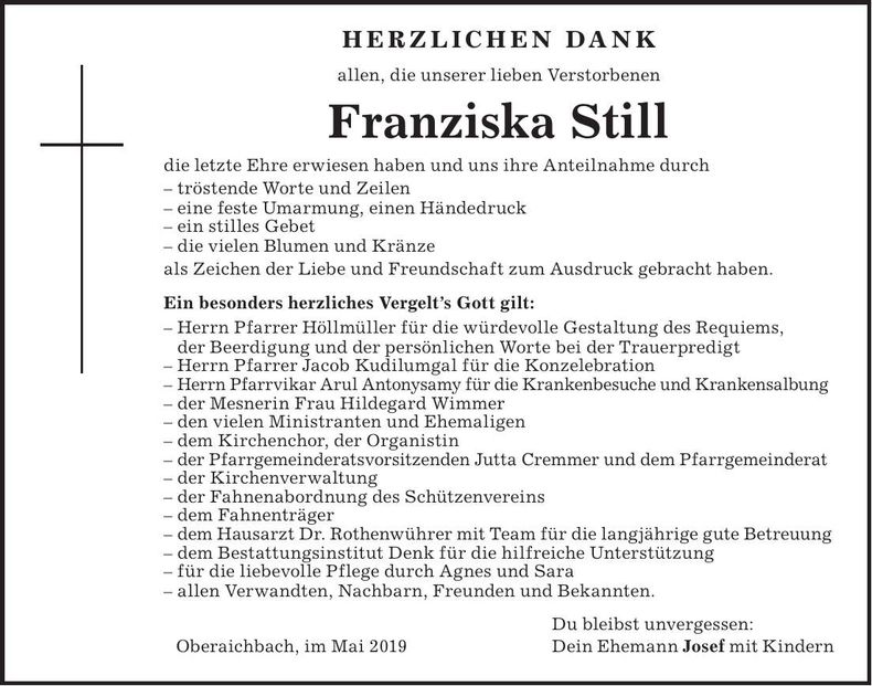 Traueranzeige Franziska Still