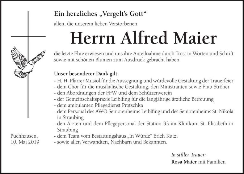 Traueranzeige Alfred Maier