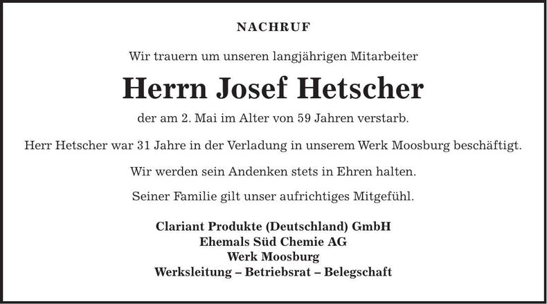 Traueranzeige Josef Hetscher