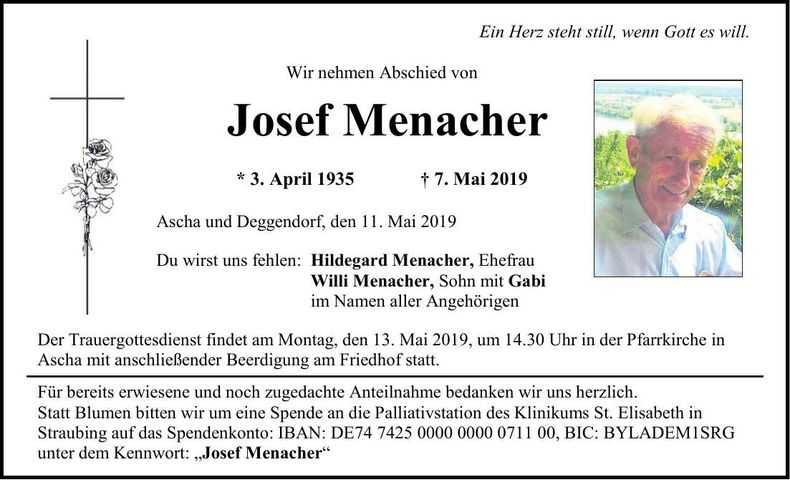 Traueranzeige Josef Menacher