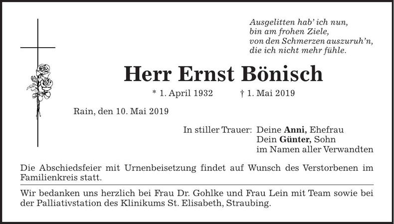 Traueranzeige Ernst Bönisch