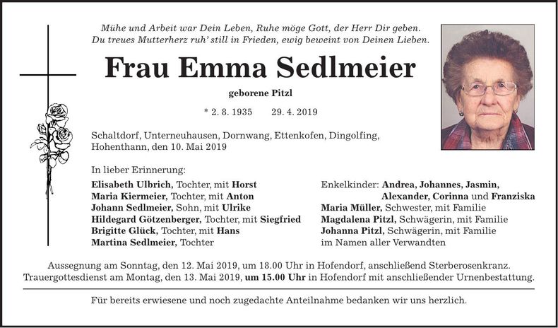 Traueranzeige Emma Sedlmeier