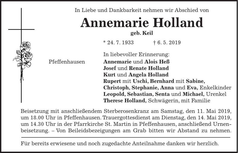 Traueranzeige Annemarie Holland