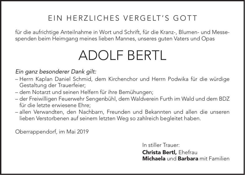 Traueranzeige Adolf Bertl