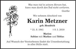 Traueranzeige Karin Metzner