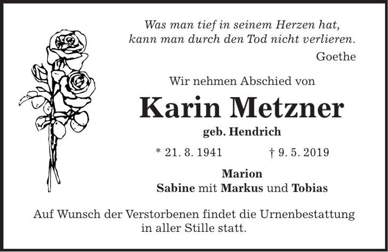 Traueranzeige Karin Metzner
