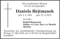 Traueranzeige Daniela Hejtmanek