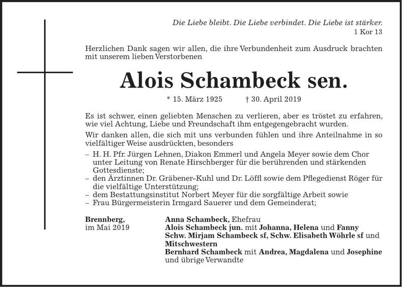 Traueranzeige Alois Schambeck