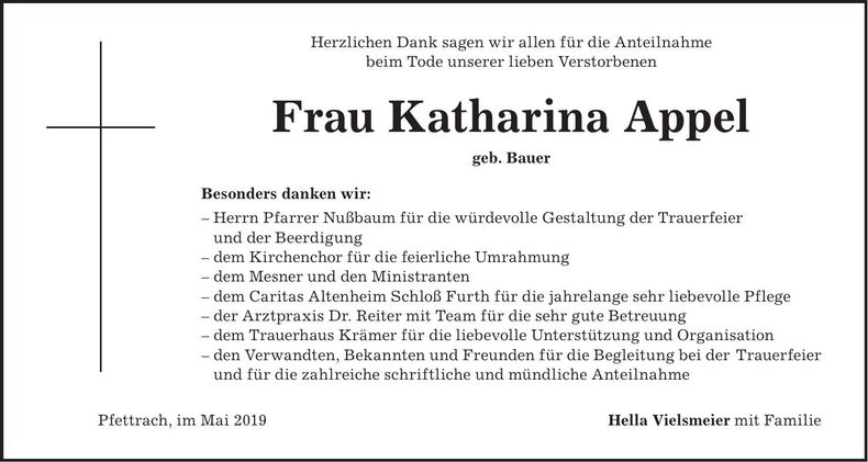 Traueranzeige Katharina Appel