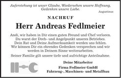 Traueranzeige Andreas Fedlmeier